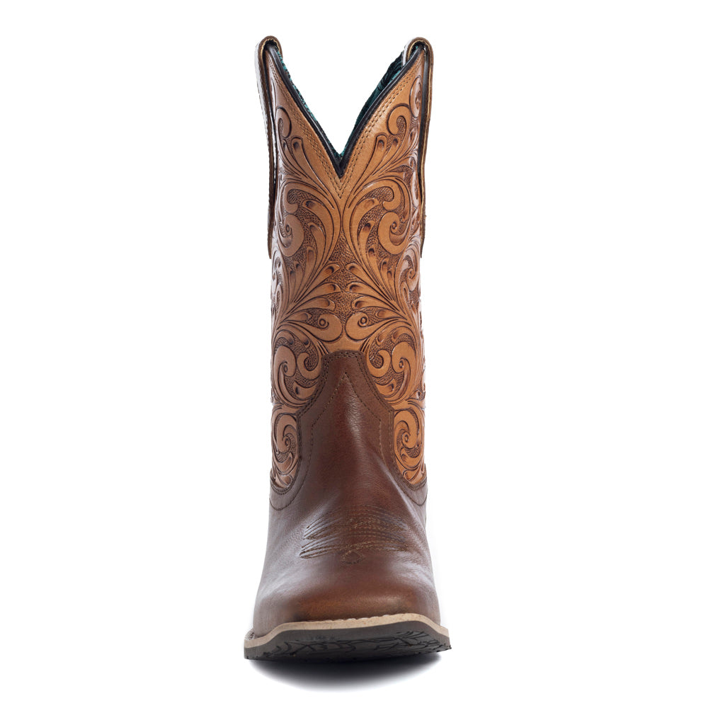 Hand-tooled cowgirl boots in brown colour and embroided design