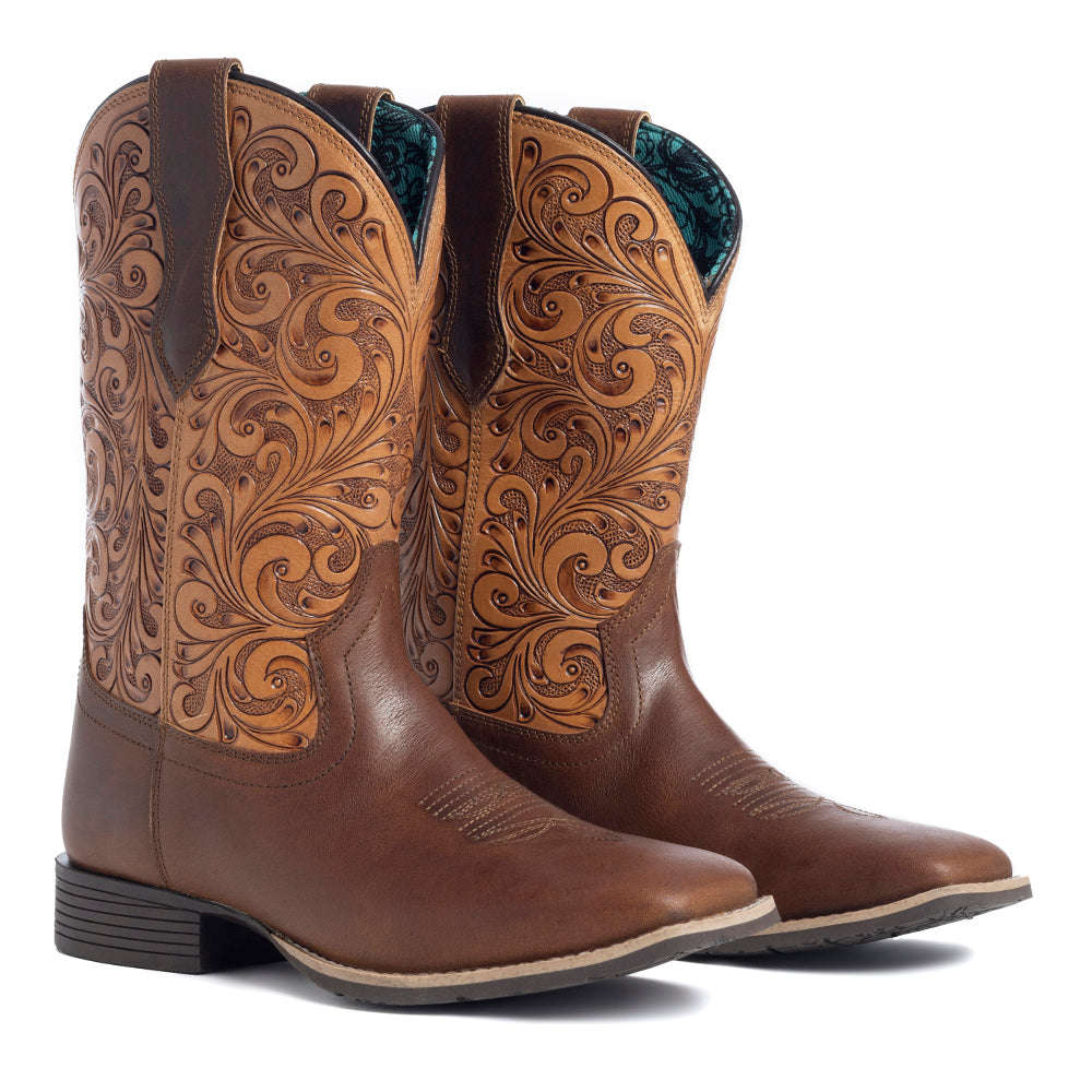 Hand-tooled cowgirl boots in brown colour and embroided design