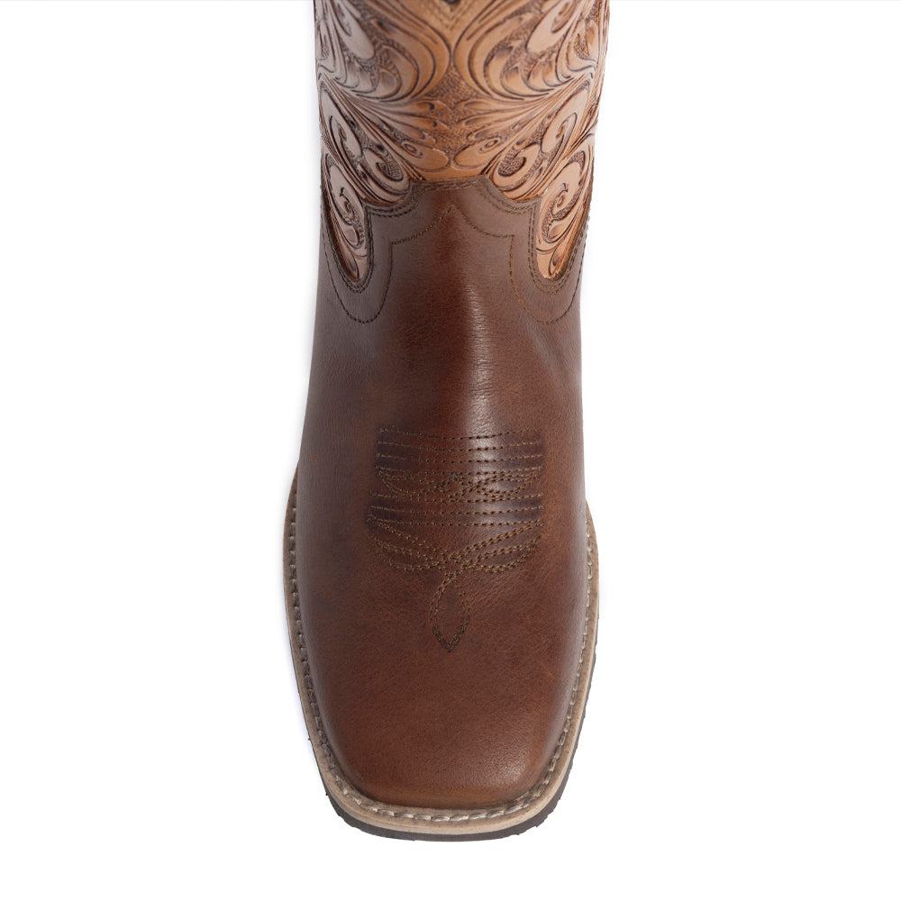 Hand-tooled cowgirl boots in brown colour and embroided design