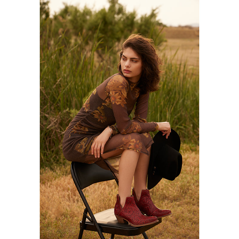 Western Moxie Hand-tooled Booties in Scarlet