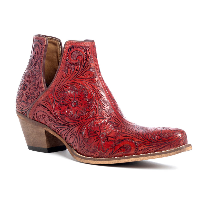 Western Moxie Hand-tooled Booties in Scarlet