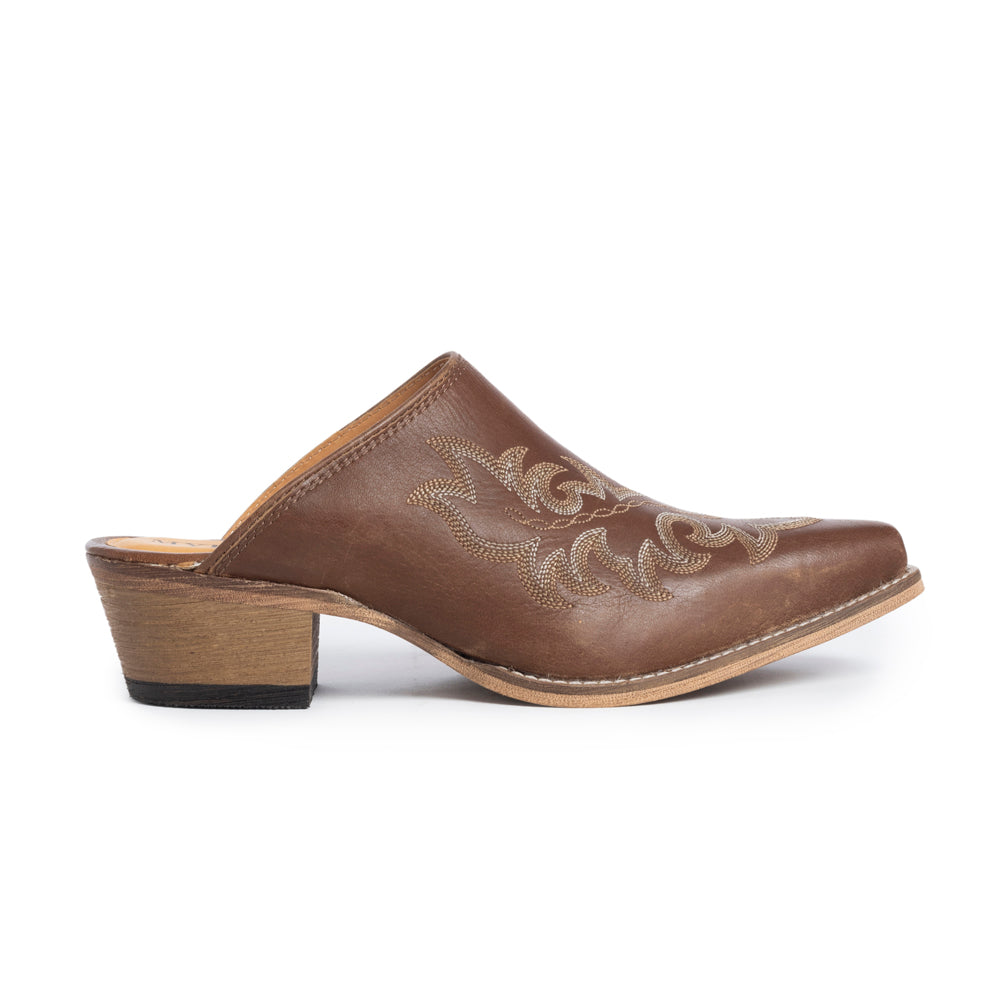 Myra Ximena Ranch Brown Embroidered Mules for Women – Pointed Toe, Low Block Heel Western Leather Shoes 7