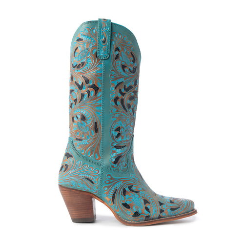 Myra Kasiopeah Cowgirl Leather Boots - Turquoise Western Boots for Women with Pointed Toe Heel - Myra USA