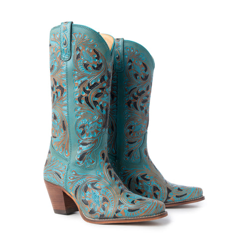 Myra Kasiopeah Cowgirl Leather Boots - Turquoise Western Boots for Women with Pointed Toe Heel - Myra USA