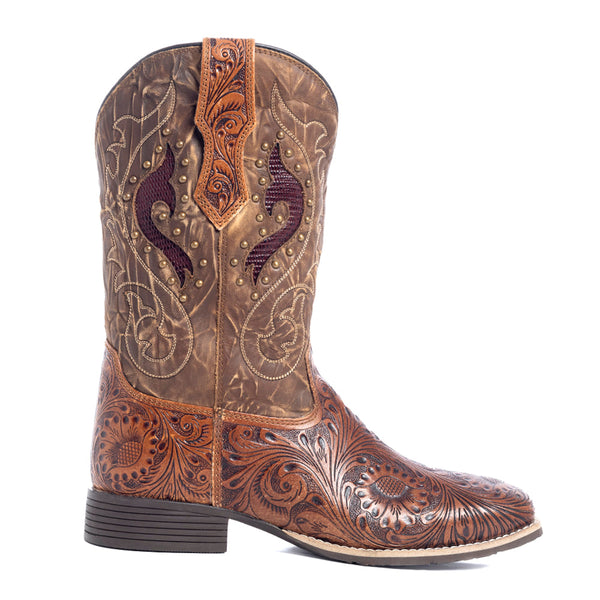 Embroidered Western Boots with tooled floral patterns and stitching in a darker shade of brown