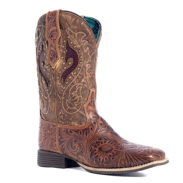 Embroidered Western Boots with tooled floral patterns and stitching in a darker shade of brown