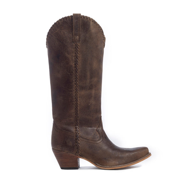 Brown cowboy boot with visible stitching details