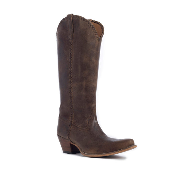 Brown cowboy boot with visible stitching details