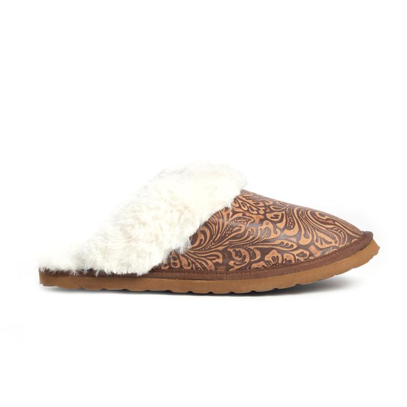 Western slippers with a brown patterned exterior and white fluffy lining