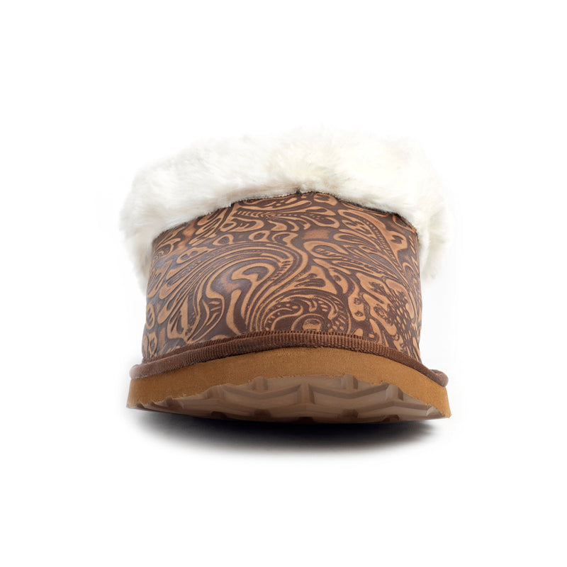 Western slippers with a brown patterned exterior and white fluffy lining