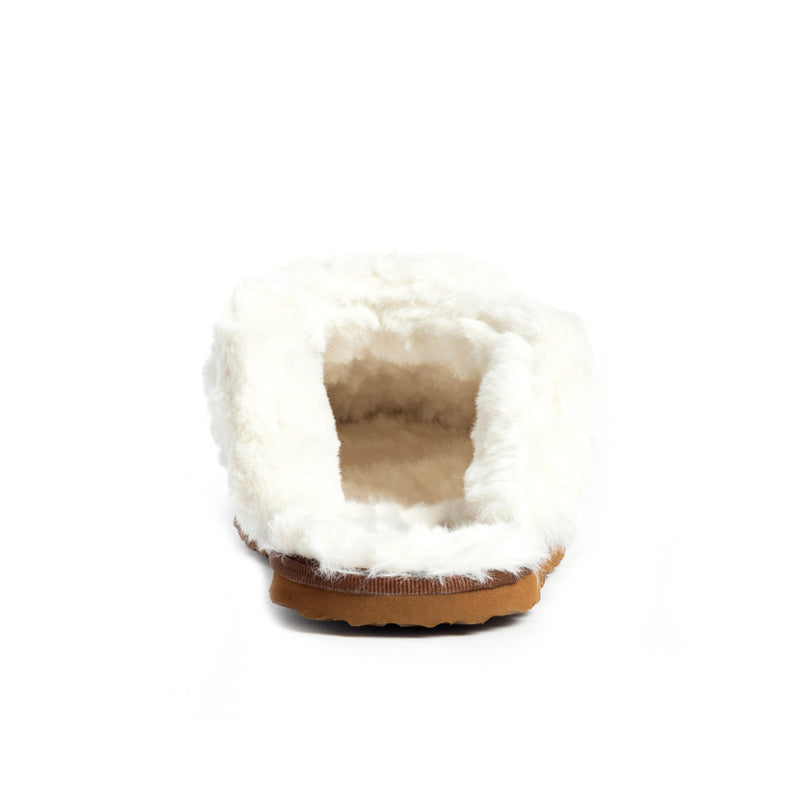 Western slippers with a brown patterned exterior and white fluffy lining