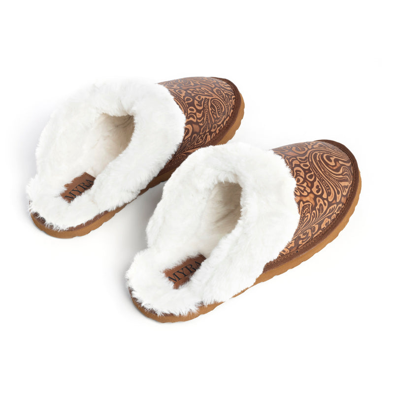 Western slippers with a brown patterned exterior and white fluffy lining