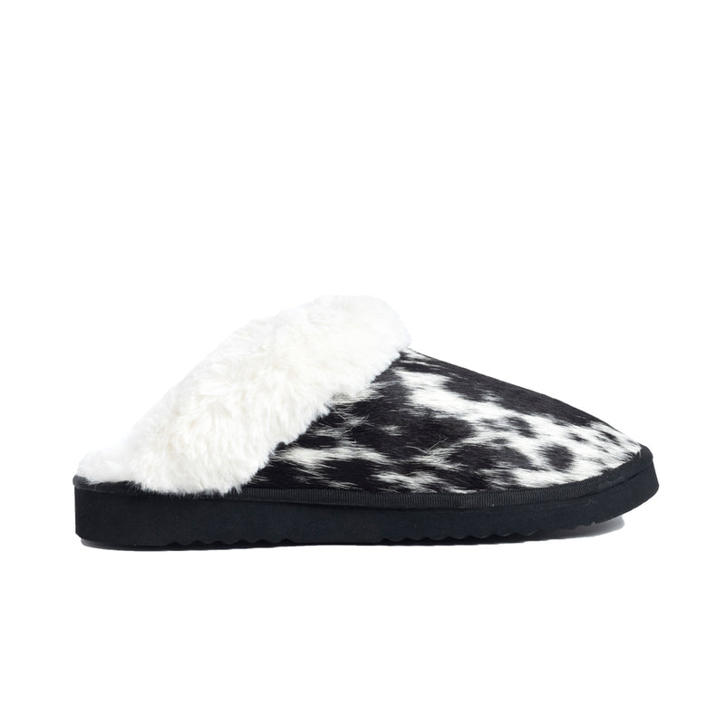 Myra Womens slippers in black and white hairon cowhide material