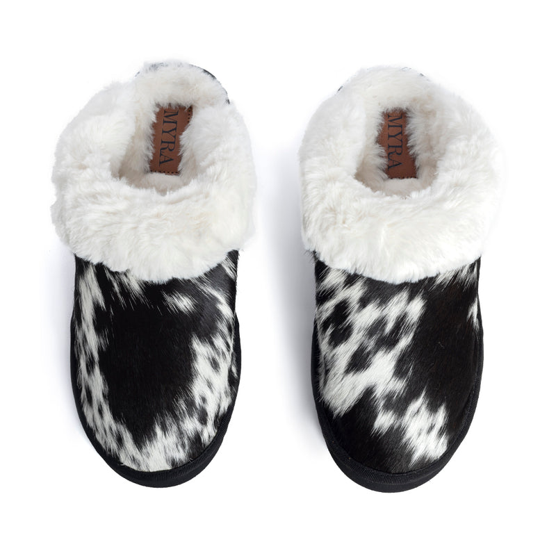 Myra Womens slippers in black and white hairon cowhide material