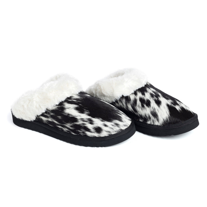 Myra Womens slippers in black and white hairon cowhide material