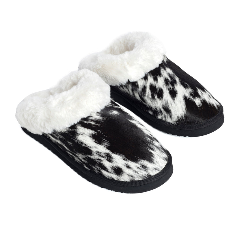 Myra Womens slippers in black and white hairon cowhide material