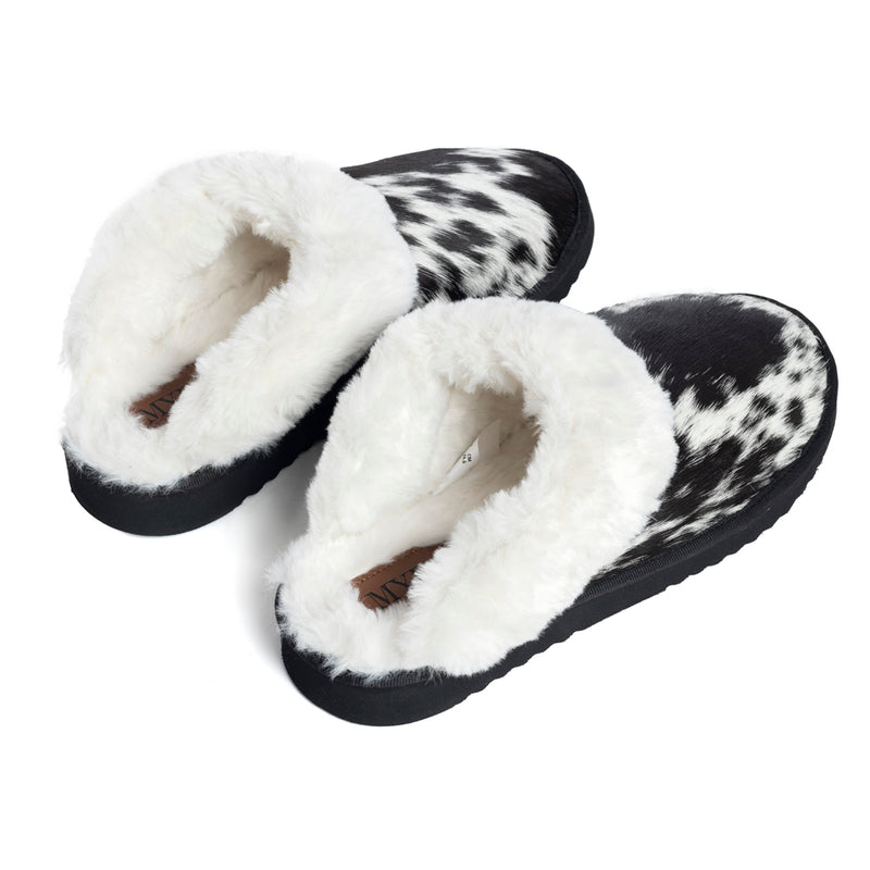 Myra Womens slippers in black and white hairon cowhide material