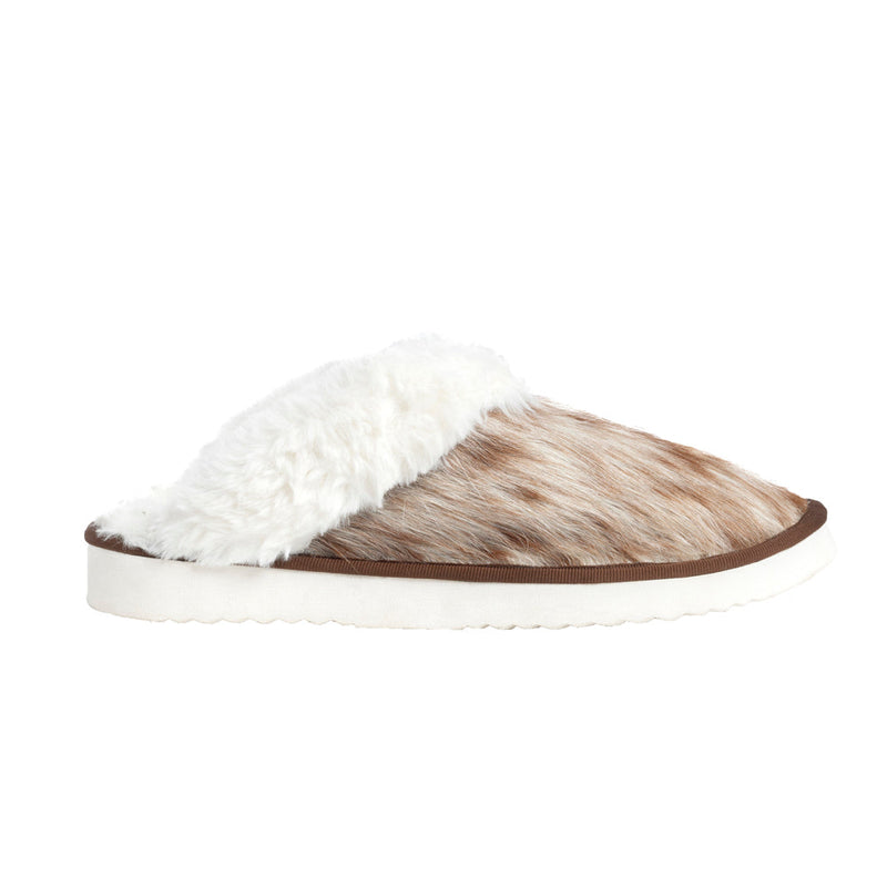 Myra Womens slippers in brown and white hairon cowhide material