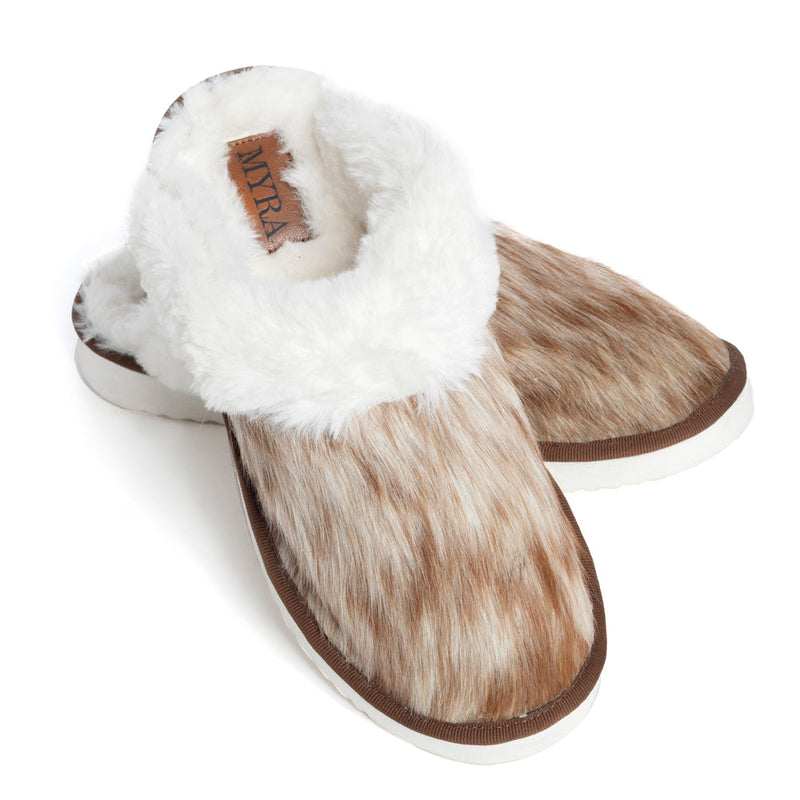 Myra Womens slippers in brown and white hairon cowhide material