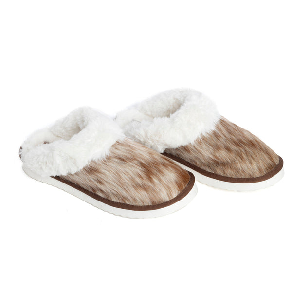 Myra Womens slippers in brown and white hairon cowhide material