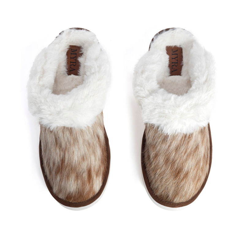 Myra Womens slippers in brown and white hairon cowhide material