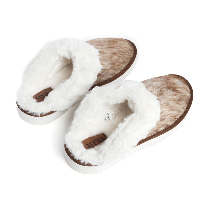 Myra Womens slippers in brown and white hairon cowhide material