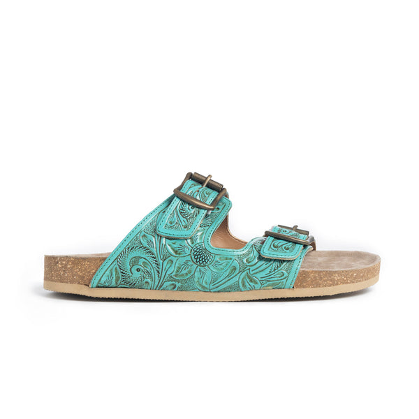 Hand-tooled leather sandals with intricate turquoise color and floral designs