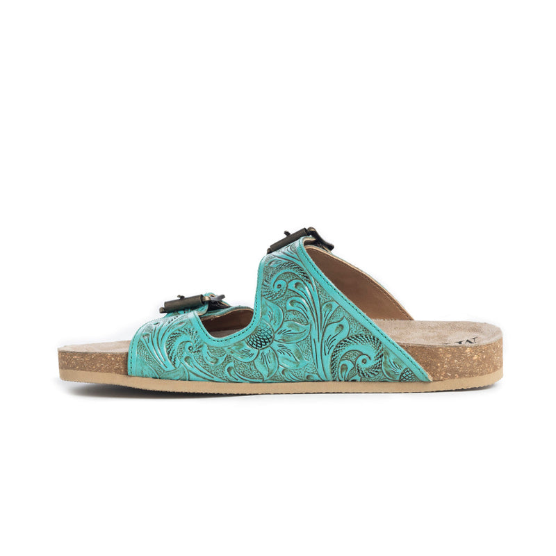 Hand-tooled leather sandals with intricate turquoise color and floral designs