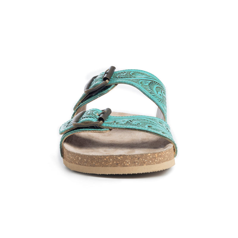 Hand-tooled leather sandals with intricate turquoise color and floral designs