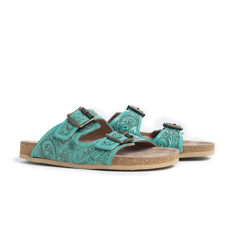 Hand-tooled leather sandals with intricate turquoise color and floral designs