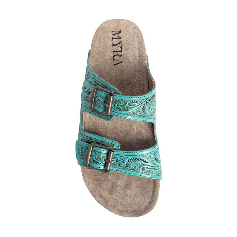 Hand-tooled leather sandals with intricate turquoise color and floral designs