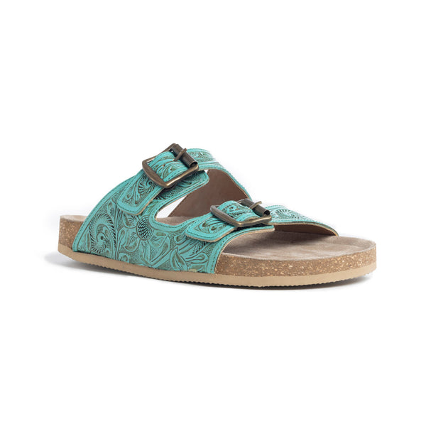 Hand-tooled leather sandals with intricate turquoise color and floral designs