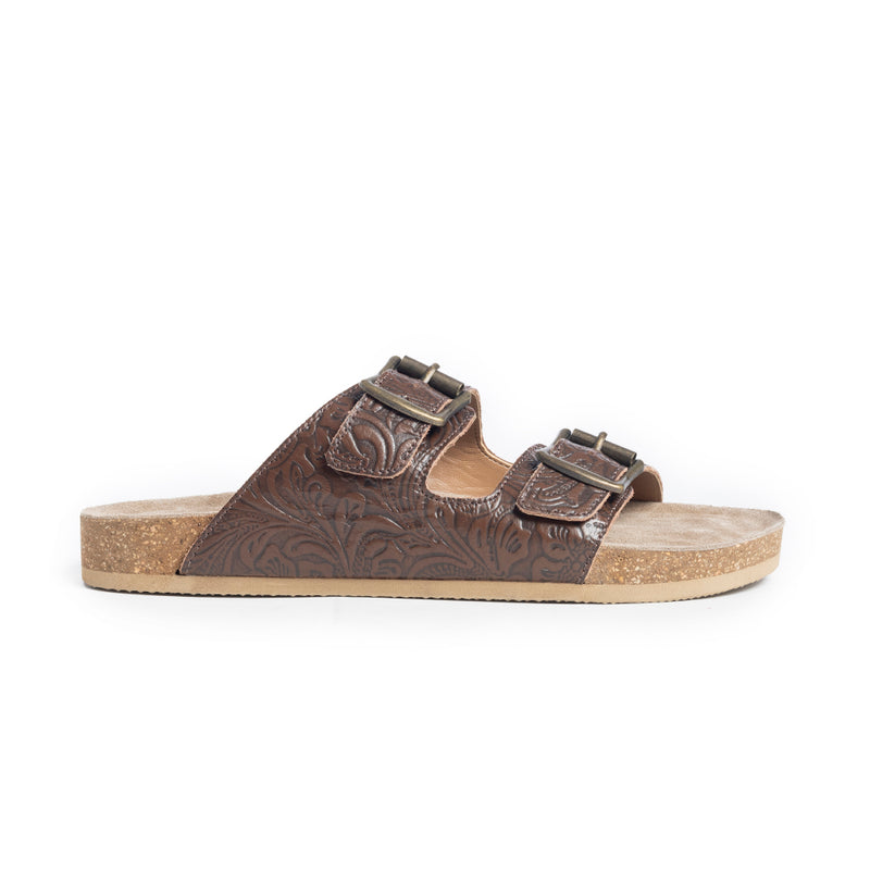 Handtooled sandals in brown colour with two straps across the top with adjustable buckles