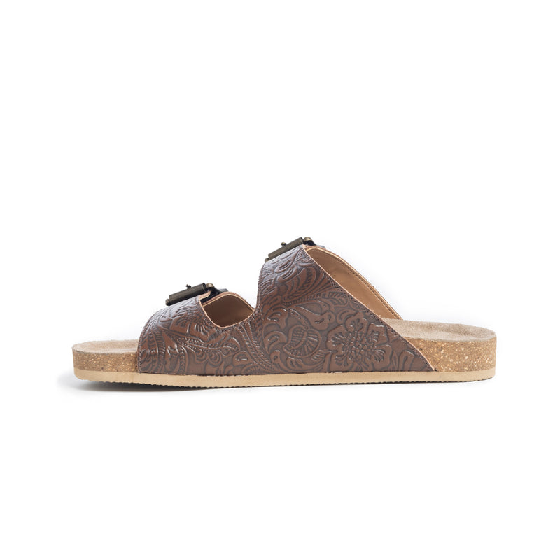 Handtooled sandals in brown colour with two straps across the top with adjustable buckles