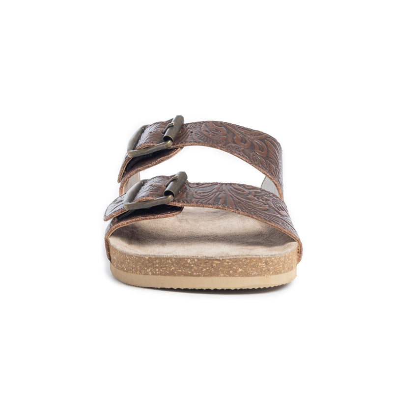 Handtooled sandals in brown colour with two straps across the top with adjustable buckles