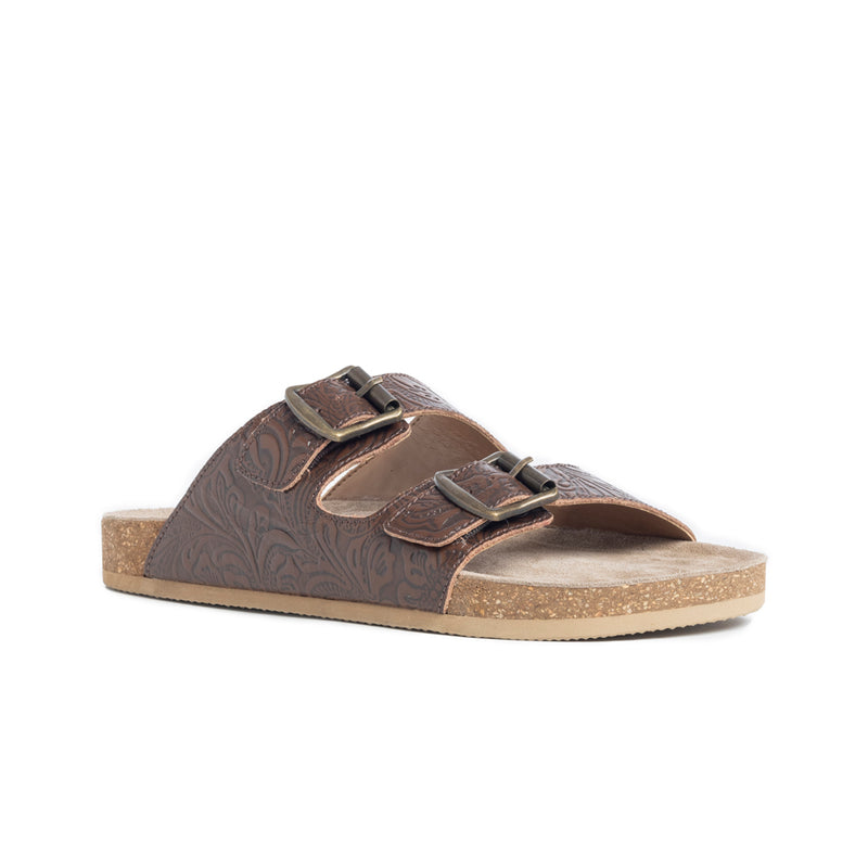 Handtooled sandals in brown colour with two straps across the top with adjustable buckles