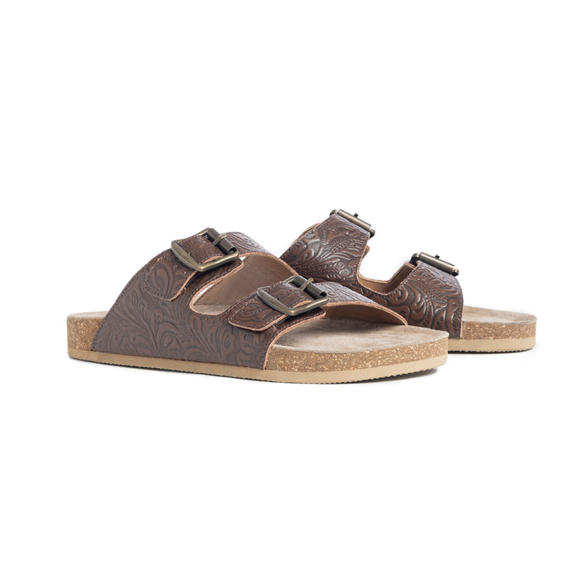 Handtooled sandals in brown colour with two straps across the top with adjustable buckles