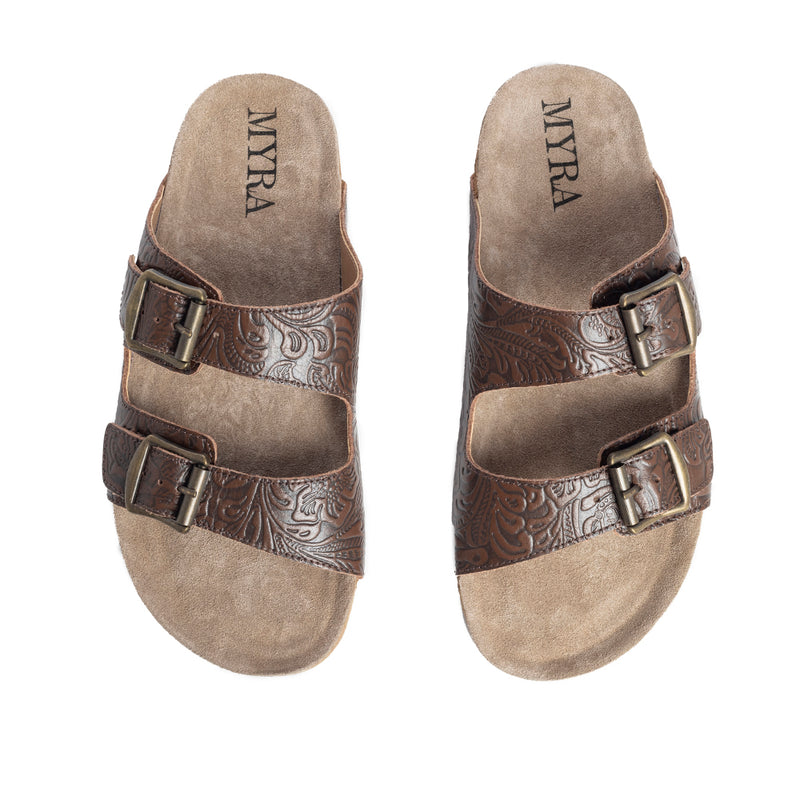 Handtooled sandals in brown colour with two straps across the top with adjustable buckles