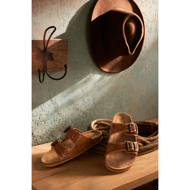 Handtooled sandals in brown colour with two straps across the top with adjustable buckles