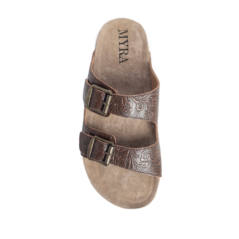 Handtooled sandals in brown colour with two straps across the top with adjustable buckles