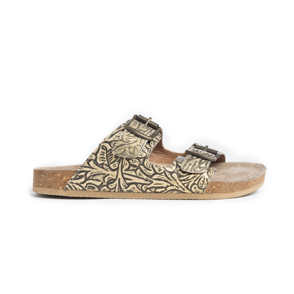 Myra Rio Amarillo Embossed Leather Sandals for Women in Beige – Dual Buckle Design, Cork Sole Comfort, Western Slip-on - Myra USA