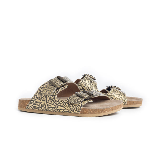 Myra Rio Amarillo Embossed Leather Sandals for Women in Beige – Dual Buckle Design, Cork Sole Comfort, Western Slip-on - Myra USA
