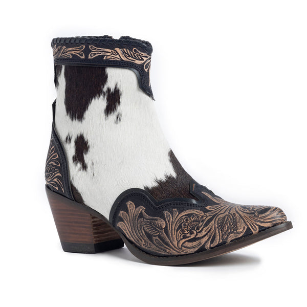 Women's Western Booties in white, black, and brown colors of cowhide patterns 