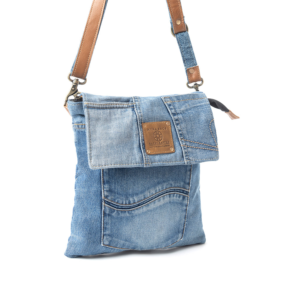 Myra Jaycee's Day Upcycled Denim Crossbody Bag - Foldover Everyday Sling with Leather Strap and Pocket Detail for Laid-Back Vibes - Myra USA