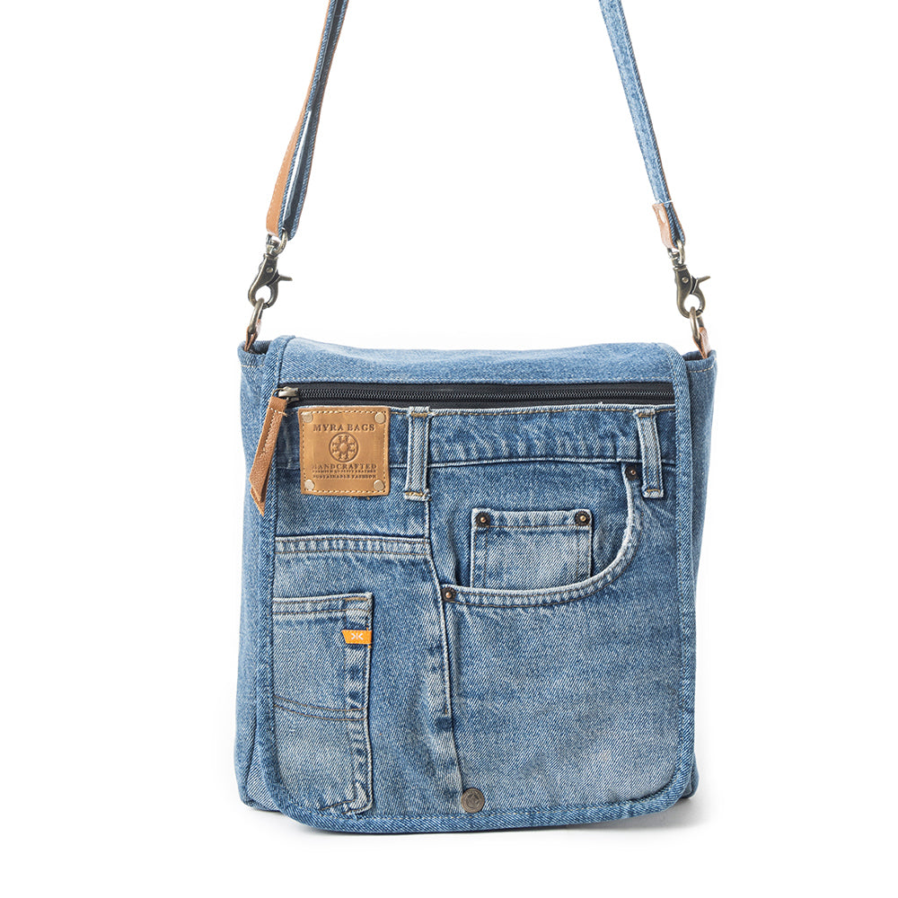 Myra Ashley Adventure Crossbody Bag â€“ Upcycled Denim with Leather Ac