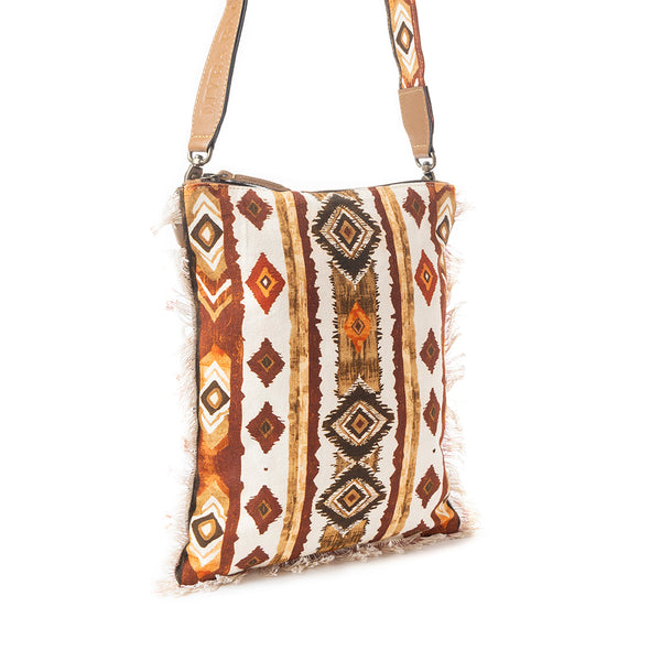 Beautiful Tapestry Crossbody Bag In Brown & White - Myra USA
