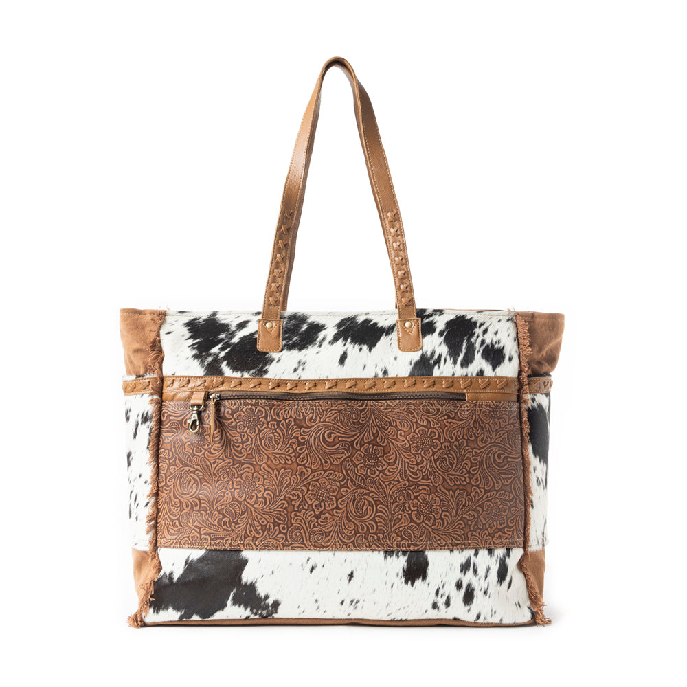 Myra Forester Junction Weekender Bag - Leather Cowhide Tote with Embossed Detailing for Ranch Escapes