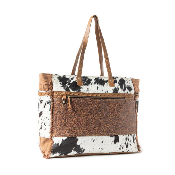 Myra Forester Junction Weekender Bag - Leather Cowhide Tote with Embossed Detailing for Ranch Escapes - Myra USA