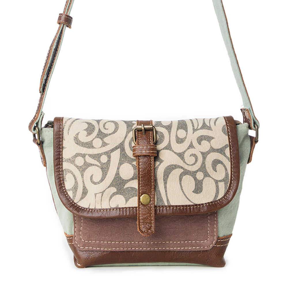 Myra Leaf Print Crossbody Bag for Women with upcycled canvas in leaf print for everyday use