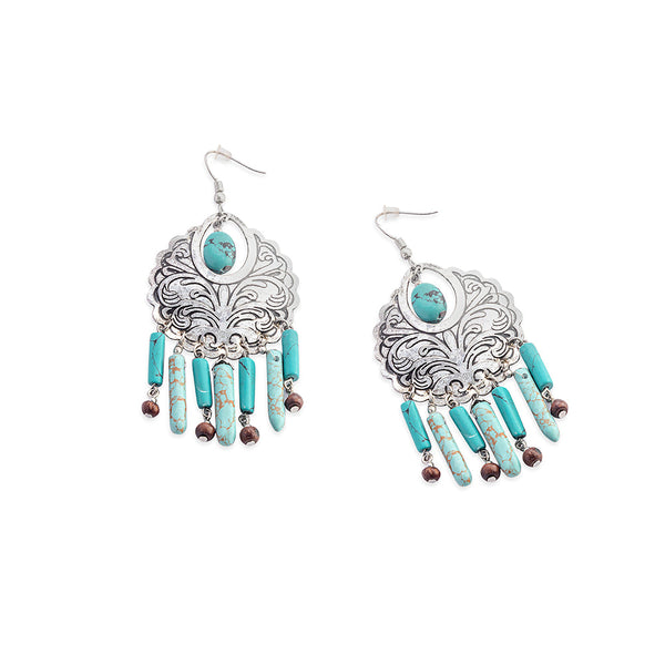 Flourish Medallion Earrings  In Blue And Silver